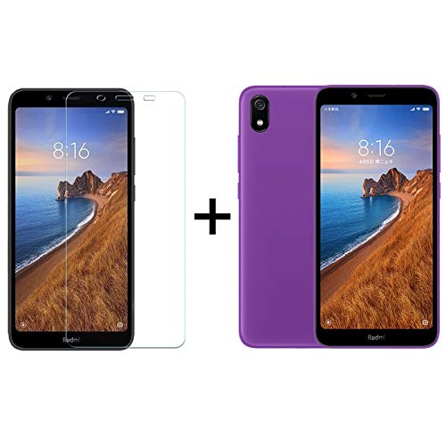 TBOC Pack: Funda de Gel TPU Morada + Protector Pantalla Vidrio Templado para Xiaomi Redmi 7A [5.45 Pulgadas]. Funda Silicona Ultrafina Flexible. Resistente Golpes Caídas Arañazos.