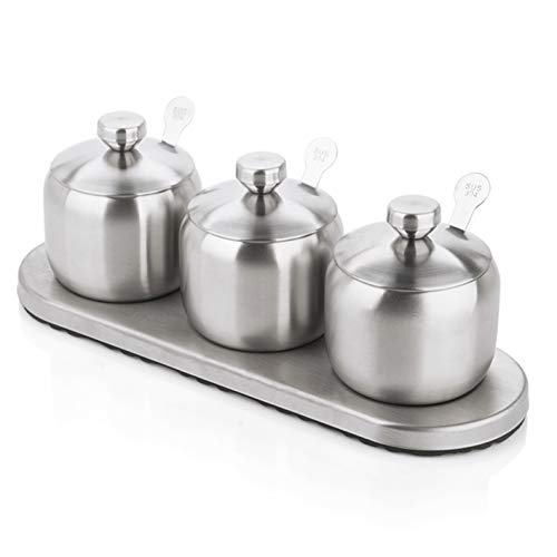 TENTA Kitchen Juego de sazonador de acero inoxidable Set Spice Jar Spice Rack Condimento Cruet Botella Sal Pimienta Azúcar Organizadores de almacenamiento, 3 cucharas para servir, Base antideslizante