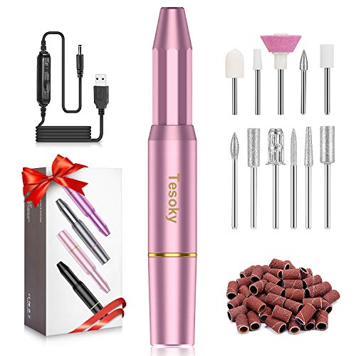 Tesoky Torno para Uñas, Lima de Uñas Profesionales con Set de 11 Tipos de Brocas de Pulido Pedicura, Lima Electrica Uñas de Vlocidad Ajustable para Manicura Pedicura, Set de Manicura para Salón DIY