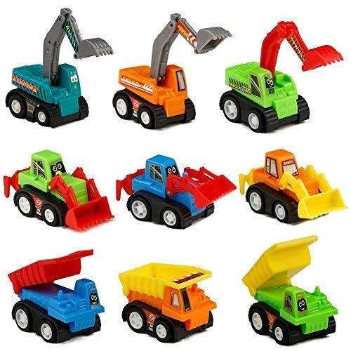 TONZE Coches de Juguetes Vehiculos Mini Excavadora, Miniature Camion Construcción Juegos para Niños Niñas de 3 4 5 Años, 9 Piezas