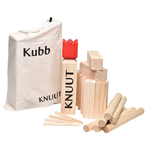 Toyfel Kubb Ajedrez Vikingo Knuut - Juego de de Madera FSC® y Bolsa de Tela - hasta 12 Personas Juegos de Exterior para niños y Adultos - El Juego del Verano