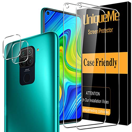 UniqueMe [4 Pack] Xiaomi Redmi Note 9 [2 Pack] Protector de Pantalla y [2 Pack] Protector de Lente de cámara, [Dureza 9H][Sin Burbujas] HD Cristal Vidrio Templado