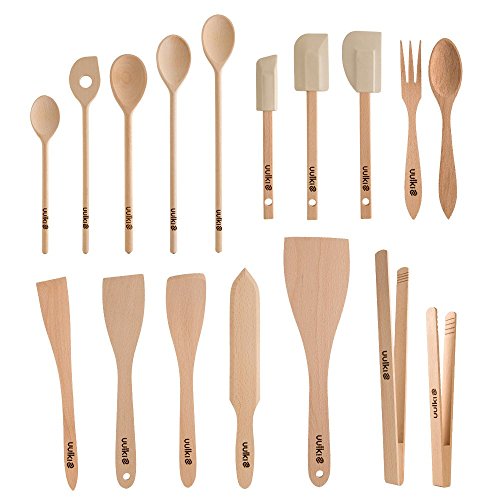 Uulki utensilios de cocina de Ardenas, 17 unidades, madera de haya (ecológicas, cucharas de cocina, espátula para girar, pinzas de alimentos...)