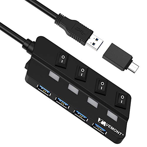 VEMONT Hub USB, 4 Puertos USB 3.0 Hub de Datos USB, Divisor USB Extensor con interruptores de alimentación LED Individuales para Xbox, PS4, MacBook, Surface Pro, iMac, Mac, XPS, con Adaptador Tipo c