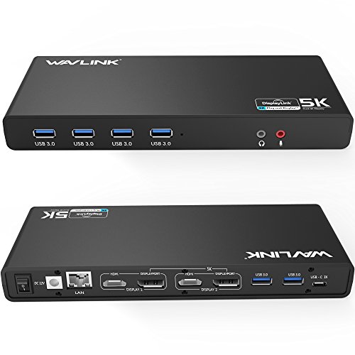 WAVLINK USB C＆3.0 Ultra 5K Docking Station HD Dual Video Multifunción Display con USB-C in,2x5K DP Puertos y 2x4K HDMI Puertos, 6xUSB 3.0, Gigabit Ethernet, Audio out y Mic in