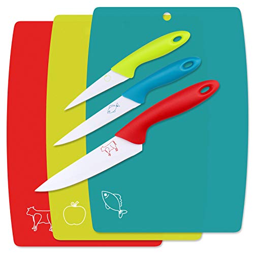 WELLGRO Juego de tablas de cortar (3 piezas, incluye 3 cuchillos, plástico y metal, antibacterias), color azul, rojo y verde