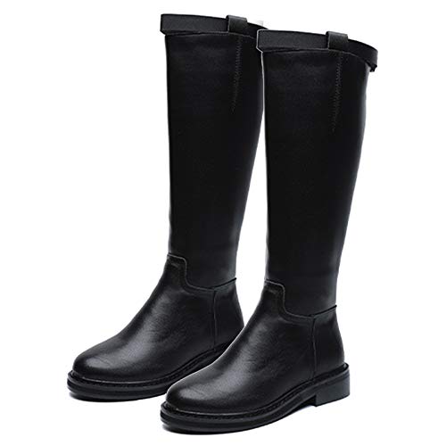 Wsaman Damas Rodilla High Mid Biker Boots De Cuero Toe Redondo Botas Largas Botas Resistentes Al Agua Mujeres Invierno Plataforma Sin Deslizamiento Bajo Botas De Longitud De Becerro,Negro,38