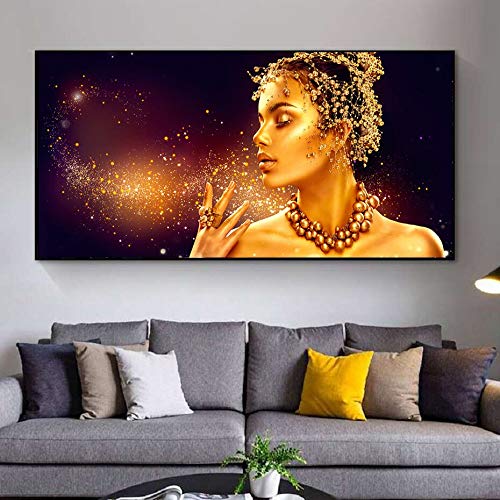 wZUN Maquillaje Dorado de Lujo para Mujer, Pintura en Lienzo, póster Mural, impresión, Mural, Sala de Estar, decoración nórdica 60x120 Sin Marco