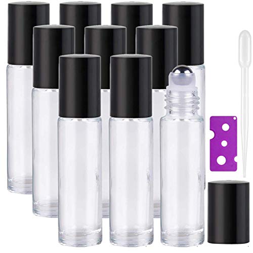 Yalbdopo - Botellas de rodillo de aceite esencial, 10 ml, recargables, transparentes, con tapas negras, 12 unidades, incluye cuentagotas y abridor, perfectas para aromaterapia