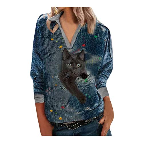 YANFANG Blusa De AlgodóN Manga Larga con Cuello En V Y Estampado Gato para Mujer Sudaderas sin Capucha Bloque Color Camiseta TúNica SuéTer CordóN Tops Bolsillo