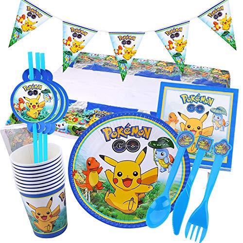 Yisscen 82 piezas de Pikachu Cartoon Party Set, Pokémon Tema Design Set de decoración de cumpleaños infantil Pikachu, incluye platos, tazas, servilletas y mantel