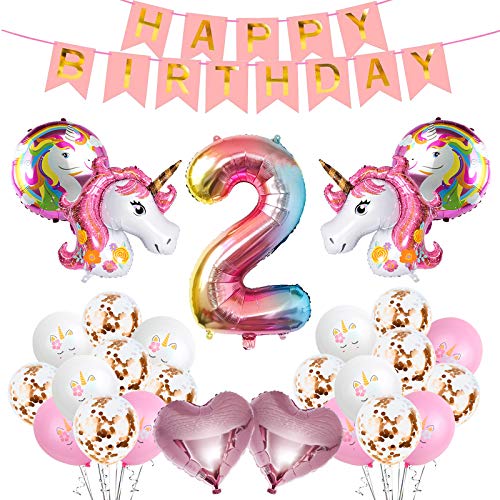 Yisscen Unicornio Decoración de Globos de Cumpleaños, Conjunto de Pancartas Látex Confeti Papel de Aluminio Numérico 2 Fiesta en Globo Usado para 2 Años Niña Suministros de Decoración para Fiestas