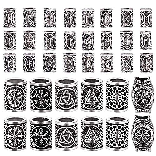 YMHPRIDE 36 piezas de cuentas de barba vikinga, cuentas de tubo de pelo nórdicas antiguas, cuentas de rastas para trenzar el cabello, pulsera, colgante, collar, plata, decoración del cabello