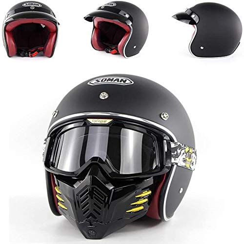 ZHXH Casco Harley 3/4 Casco de motocicleta para adultos Punto aprobado Cruzado de cara abierta Scooter Casco de máscara retro desmontable Gafas (negro mudo)