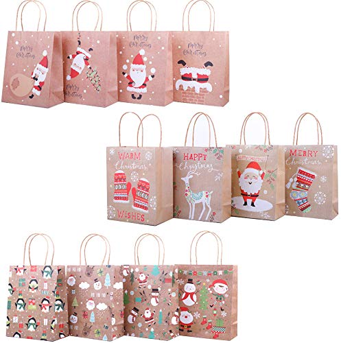 12 Bolsas De Regalo Navidad con Asa, Cajas Kraft Bolsas De Papel De Caramelo, Reutilizable, para Compras, Regalos, Bolsos De Fiesta, Dibujos De Papá Noel Alces Guante Medias De Navidad, Durable