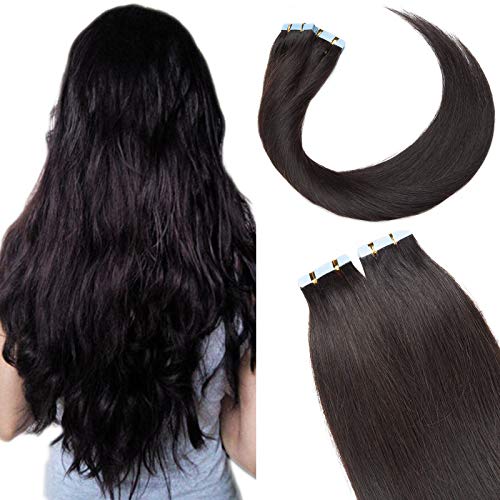 12"(30cm) SEGO 10PCS Extensiones Adhesivas Naturales Pelo Humano sin Clip #1B Negro Natural Cabello 100% Remy Liso Balayage (20g)