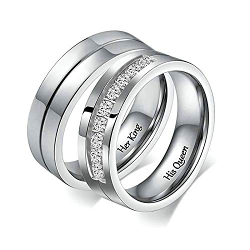 2 Piezas Anillo Boda Acero Inoxidable Grabado Her King y His Queen Plata Plata Mujer Talla 12 + Hombre Talla 20