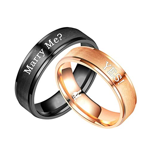 2 Piezas Anillos para Bodas Grabado Pareja Marry Me? y Yes! Oro Rosa Negro Oro Rosa Negro Mujer Talla 9,5 + Hombre Talla 25