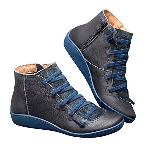 2019 Los Zapatos de Botines Planos para Mujer, Soporte del Arco, Cómodos Botines de Deslizamiento Plano para Mujer, Zapatos Casuales para Mujer Otoño Invierno con Hebilla con Cremallera (36, Azul)