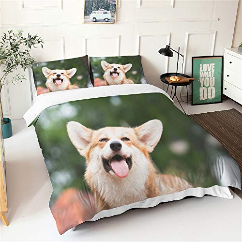 3D Juego de Ropa de Cama 3 Piezas, Morbuy Perro Mascota Impresión Microfibra Juego de Fundas de Edredón Incluye Funda Nórdica y Funda de Almohada (Corgi Verde,150x200cm)