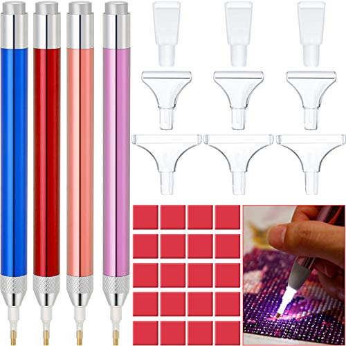 4 Plumas de Taladro de Pintura de Diamante 5D con Luz LED Accesorios de Pintura de Diamante con 20 Arcilla de Pegamento de Pintura, 9 Cabezal de Plumas (Rosa, Dorado, Azul, Rojo)