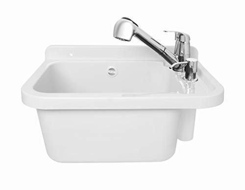 ADGO House Fregadero + Dispensador de batería con kit de montaje Garaje Jardín Baño Granja Exterior Industrial (60cm, Blanco)