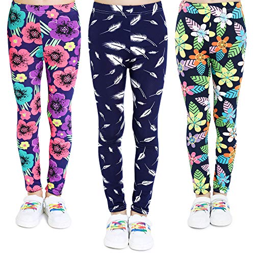 Adorel Leggings Estampado Pantalón Stretch para Niña 3 Pack Floral y Trígono y Hoja 6-7 Años (Tamaño del Fabricante 70)