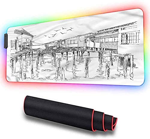 Alfombrilla de ratón LED RGB para juegos, paisaje, pueblo pesquero monocromo ratón extendida de gran tamaño con LED brillante, base de gomateclado impermeable ratón de 800x300x30 mm