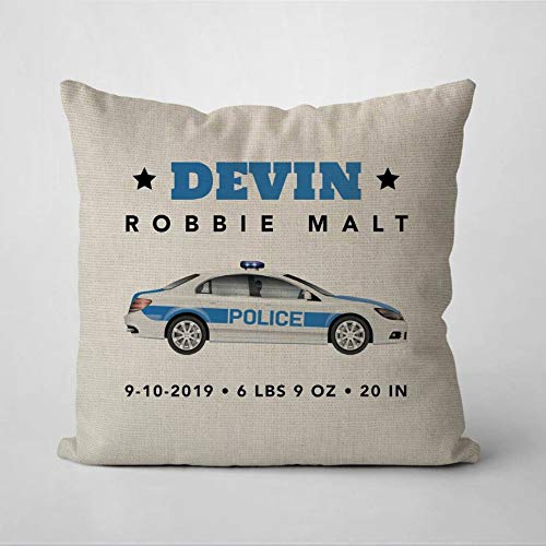 Almohada personalizada para estadísticas de nacimiento de coche de policía, regalo de bebé, policía, policía, primer respuesta, funda de cojín de lino, cuadrada, funda de almohada Home De