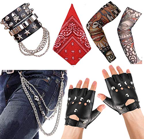 Aperil Hombres Punk Gothic Rocker Kit 70s 80s 90s Accesorios de Disfraces con Pantalones de Calaveras Llavero Pulsera de Cuero Guantes Punk Brazo Falso Tatuaje Manga Cubierta Hip-Hop Cintura