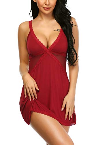 Aranmei Mujer Sexy Ropa de Dormir Mujer Sexy Ropa Interior Camisón Babydoll Ropa Interior Traje Correas Ajustables Especias Tentación Ropa de Dormir (Vino Rojo, Size L)