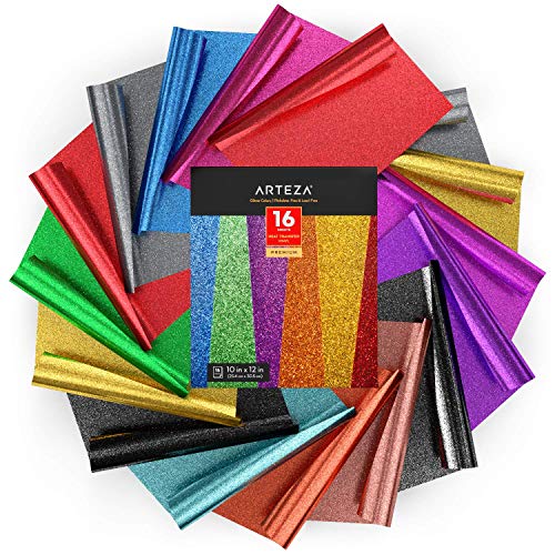 Arteza Vinilo textil termoadhesivo | 25,4x30,5 cm | Caja de 16 hojas flexibles | Vinilo térmico resistente, fácil de pelar y sin tóxicos | Apto para cualquier máquina de corte | Colores de purpurina