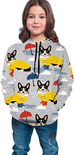 baowen Niños Niñas Sudaderas con Capucha Fleece Corgi Rain Tri Pockets Sudaderas Fleece Hoodies 7-20Y