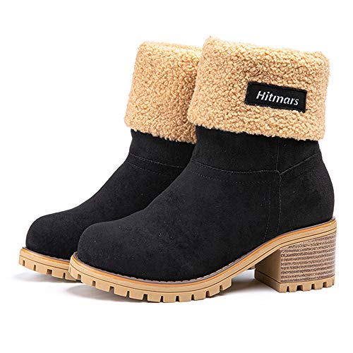 Botas Mujer Invierno Tacon Forrado Calentar Botas Altas Botines Moda Casual Outdoor Zapatos de Nieve Snow Boots 6 cm Negro 37