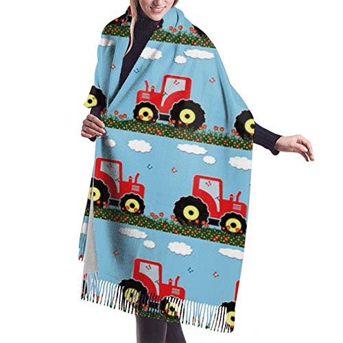 Bufanda de invierno de cachemira suave gruesa con patrón de tractor de juguete, chal de pashmina para mujer, manta de gran tamaño