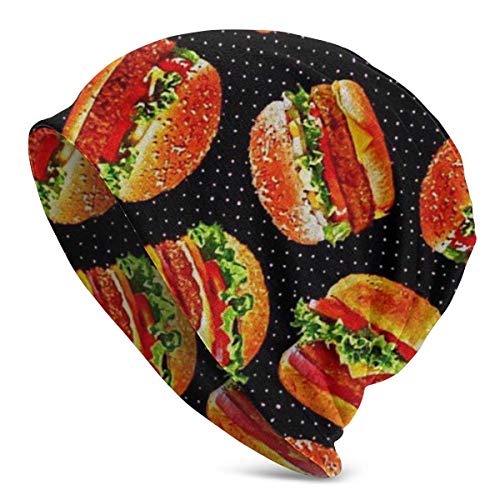 Burger Beanie Hombre Mujer - Unisex Invierno Verano Cálido Puño Liso Slouchy Skull Gorro de Punto Diario Negro