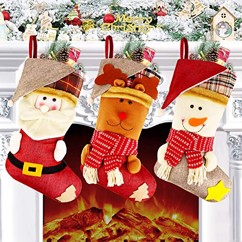 Calcetín de Navidad Juego de 3 (46 x 26 cm), Calcetín navideño grande con Diseño de 3D Nieve, Reno, Papá Noel, Medias de regalo Navideño grande, Decoraciones colgantes de chimenea, Árbol de Navidad