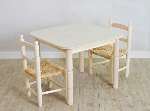 Cesteria Aparici Pack Ahorro: Mesa y Dos sillas Infantiles. Tamaño de la Mesa: Tablero de 60x60cm. Altura 46,5 cm/Tamaño de la Silla: Asiento 30X30-Alto Asiento 24cm-Alto Respaldo 50cm