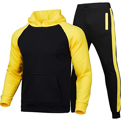 Chándal de Hombre 2 Piezas Ropa de Deporte Top Sudadera de Manga Larga con Capucha Pantalones Largos con Cinturón y Bolsillos Traje Deportivo Informal para Correr Entrenamiento (Amarillo, M)