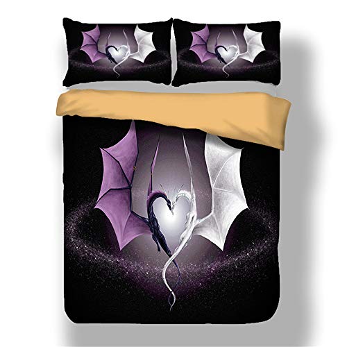 CHAOSE Juego de Sábanas Dragon-Series Funda Nórdica de Algodón y poliéster 3 Piezas (1 Funda Nórdica + 2 Funda de Almohada) (Dragón Morado y Dragón Blanco, (180x220 cm+2/74x48cm)- Cama 105/135)