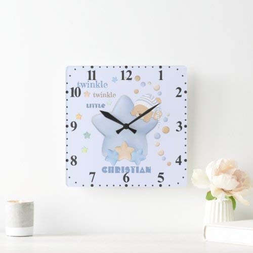 Classic Wood Clock, Non Ticking Clock Twinkle Twinkle Little Star Baby Boy Teddy Bear Square Wall Clock 12 Inch Decorative Clock for Kitchen Living Room