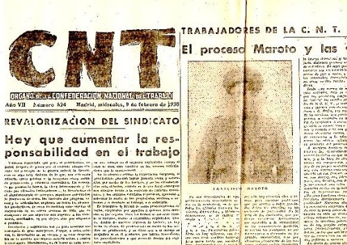 CNT. ORGANO DE LA CONFEDERACION NACIONAL DEL TRABAJO. AÑO VII. N. 824. 9-FEBRERO-1938.