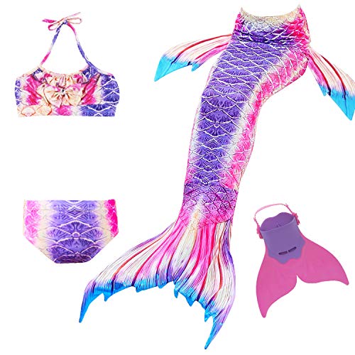 Cola de Sirena para Natación Traje de Baño 4pcs Mermaid Bikini con Monofín Establece para Niña Disfraz de Sirena Princesa Cosplay Conjuntos (Morado, 110)