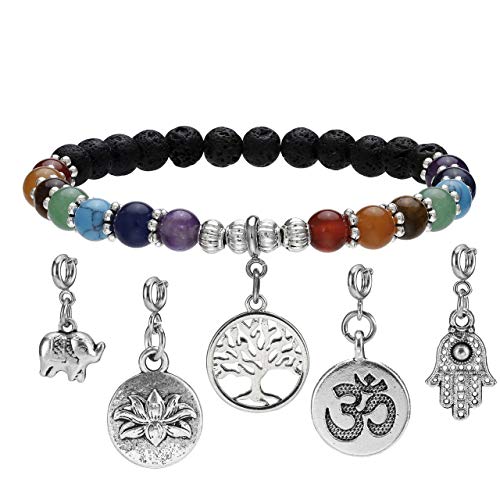 CrystalTears Pulsera de piedras preciosas de lava de 7 chakras, para reiki, yoga, con 5 colgantes intercambiables.