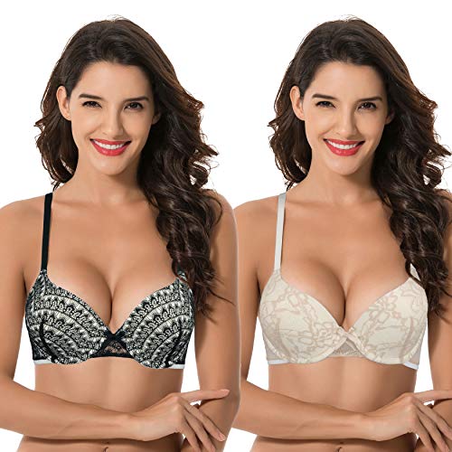 Curve Muse Talla Grande para Mujer Agrega 1 Taza Empuje hacia Arriba Sujetadores de Encaje con Forma Paquete de 2-Negro, Desnudo-90E