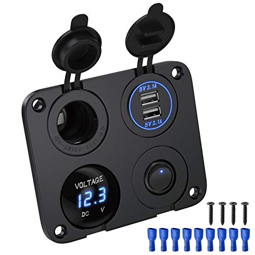 Deyooxi 4-en-1 Toma de Corriente de Panel multifunción Cargador coche con Dual de Toma USB,Encendedor de Cigarrillos,Voltímetro LED,Interruptores para Interruptores para Marina, Barco,Coche,Camión