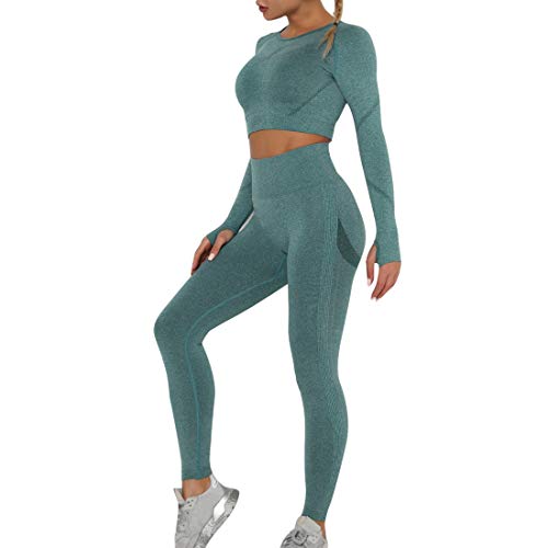 Dihope Conjunto Deportiva para Mujer 2 Piezas Top Corto de Manga Larga de Running Pantalones de Cintura Alta Elásticos Leggings de Fitness sin Costuras para Yoga Gimnasio Trotar，Verde Oscuro，L