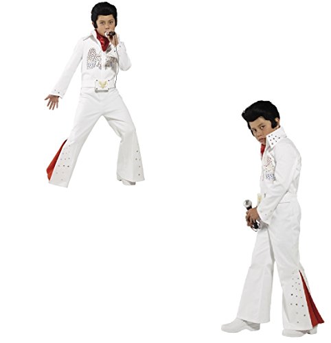 Disfraz de Elvis Presley para niños, blanco, con mono y bufanda de los años 50 Teddy Boy King of Rock N Roll Las Vegas (tamaño grande 10-12)