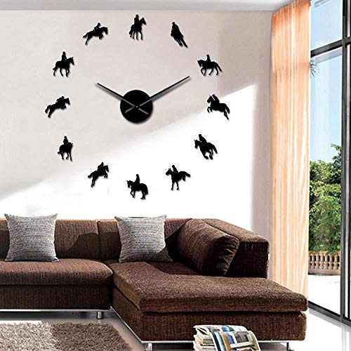 DIY reloj de pared ecuestre reloj de pared grande decoración ecuestre pintura colgante arte pegatina carreras de caballos equitación efecto espejo reloj acrílico 37 pulgadas negro