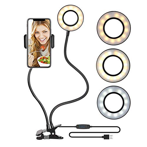 DUTTY Selfie Anillo de luz con soporte para teléfono celular para YouTube Live Stream Maquillaje Cámara Lámpara Ajustable Lámpara de Escritorio Luz de Maquillaje (Negro)